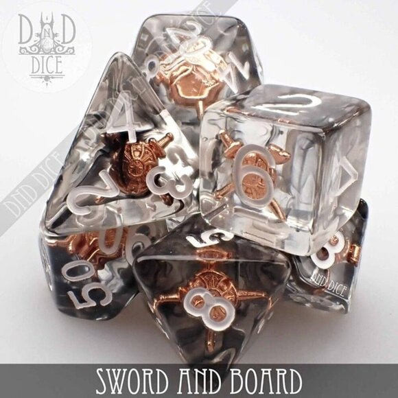 DND Dice Set - Sword and Board - 7 RARE Resin Dice - Fantasy RPG Tabletop Gaming - Picture 1 of 3